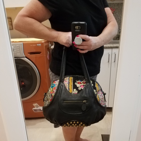 Isabella Fiore ~ Black Leather & Tapestry Handbag - Picture 6 of 8